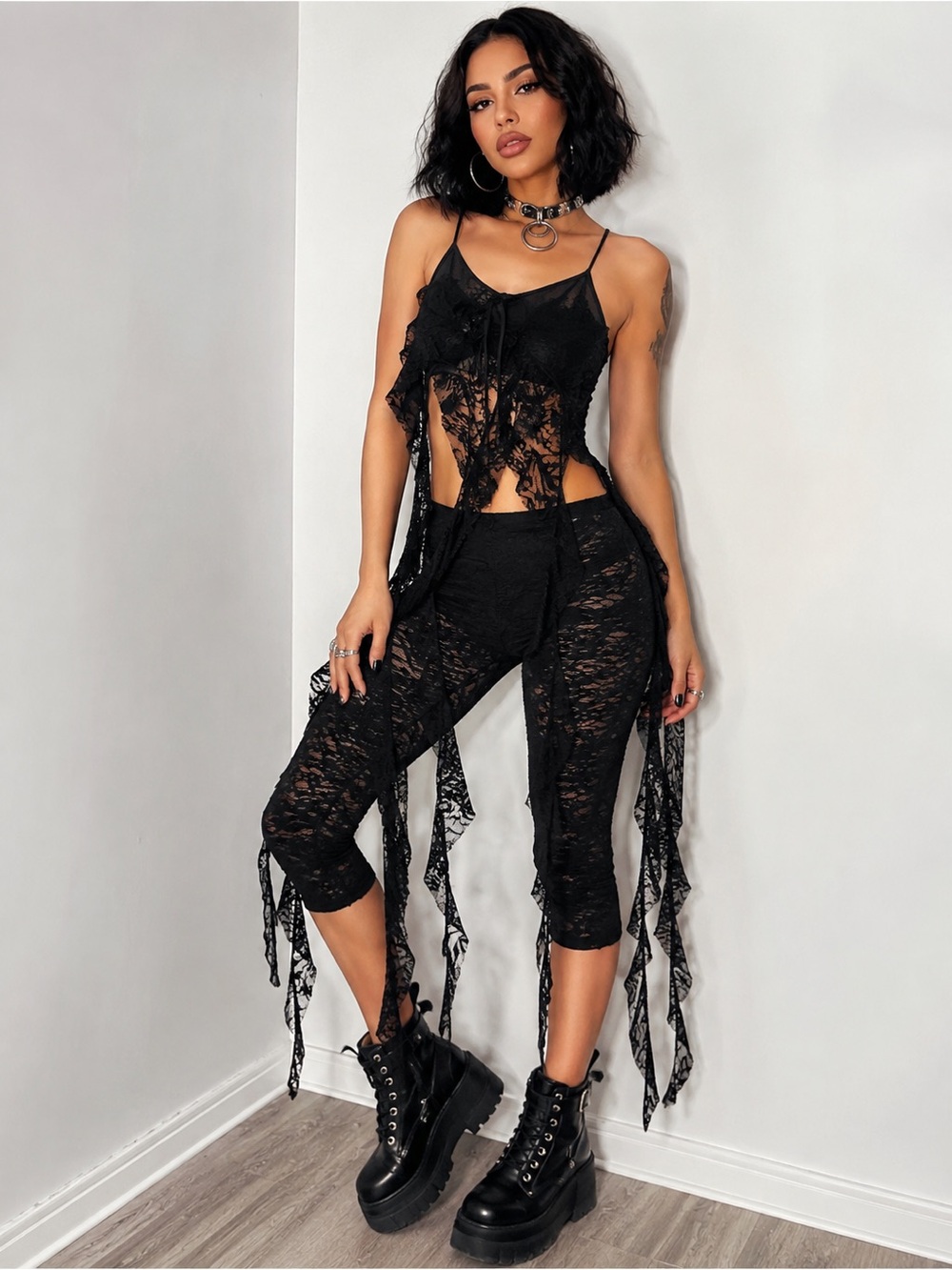 Black Lace Camisole & Cropped Pants Set - Women's Two-Piece